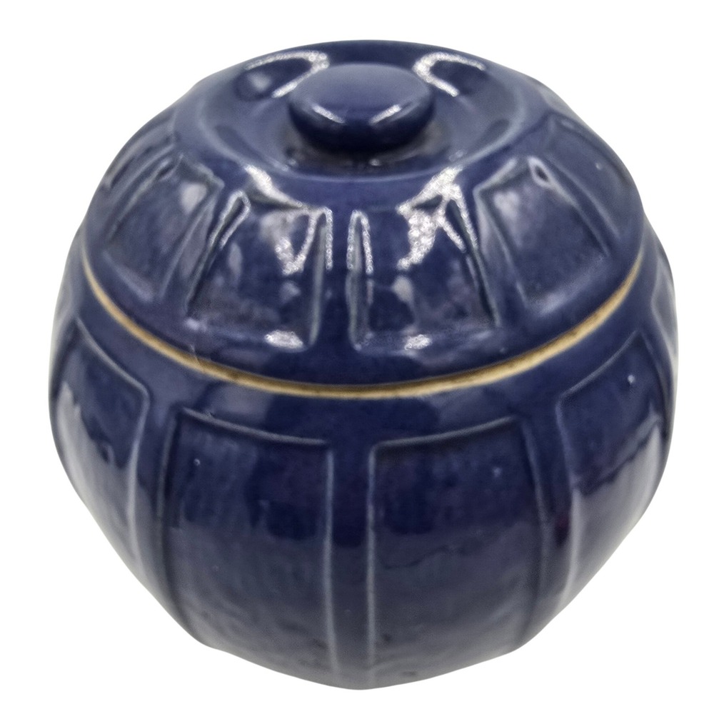 Vintage USA Pottery Cobalt Blue Ribbed Stoneware Jar Barrel Canister with Lid